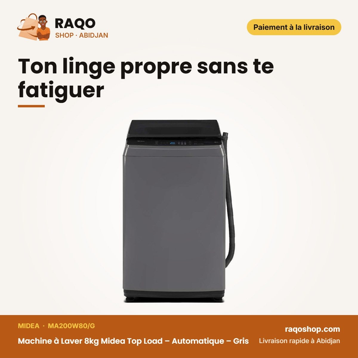 Machine à Laver 8kg Midea Top Load – Automatique – Gris – Healthguard | MA200W80/G
