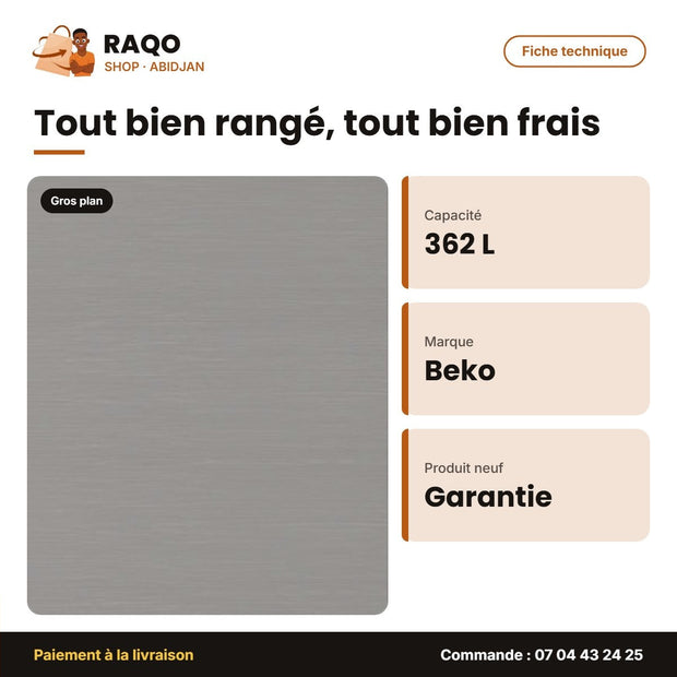 Réfrigérateur Combiné Beko – 2 Tiroirs – 362L Net (253LT+109LT) – No Frost | BEKO_RCNA460SX