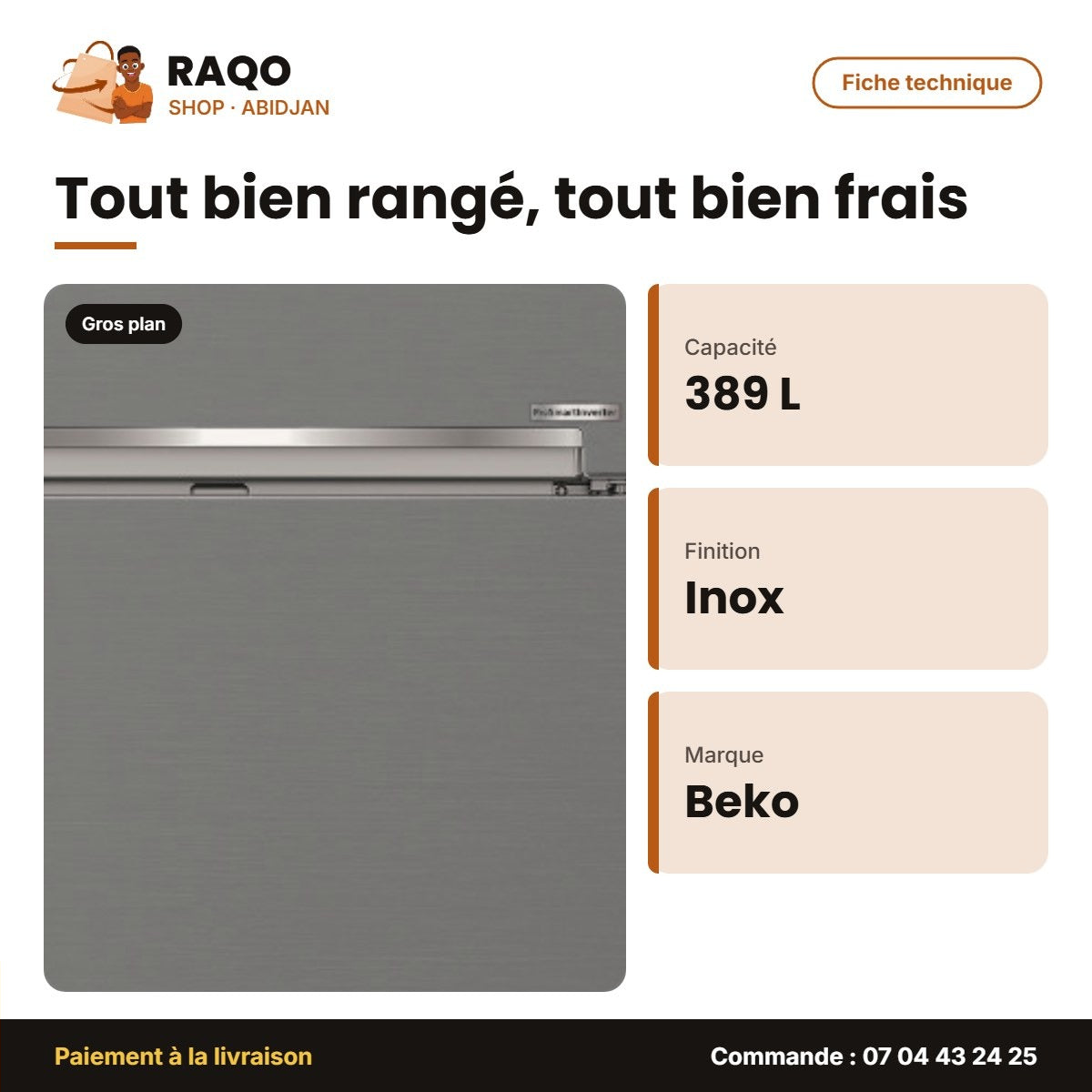 Réfrigérateur Beko – Inox – 389L Net ( 296L RÉFRIGÉRATEUR+93L Cong) – R-600A | BEKO_RDNE55X