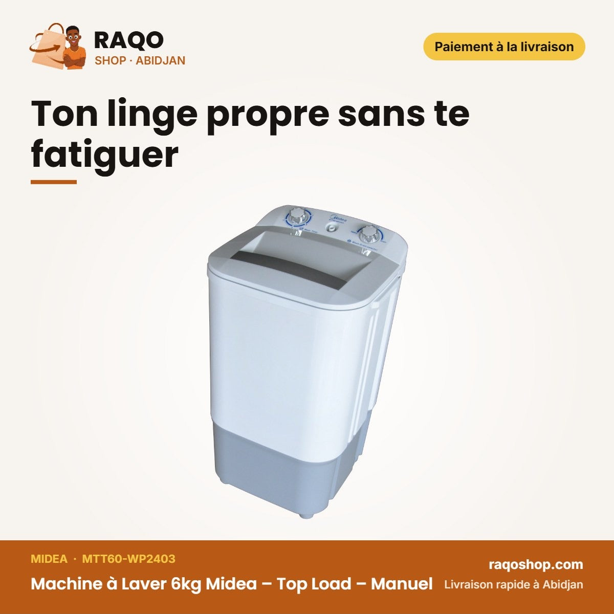 Machine à Laver 6kg Midea – Top Load – Manuel – Single Tub | MTT60-WP2403