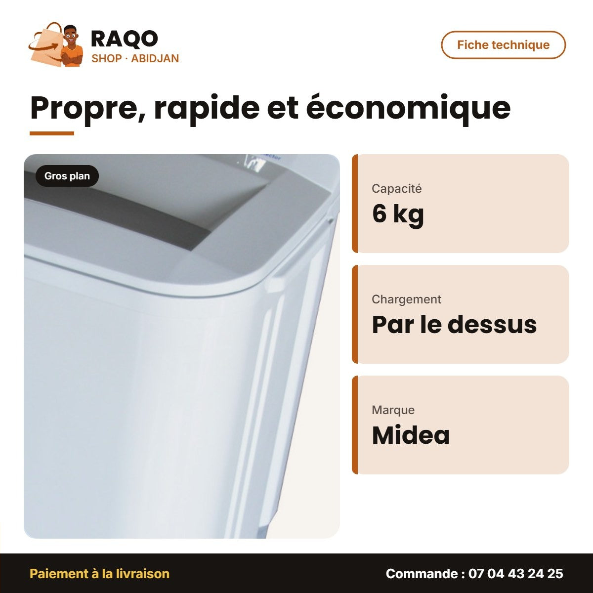 Machine à Laver 6kg Midea – Top Load – Manuel – Single Tub | MTT60-WP2403