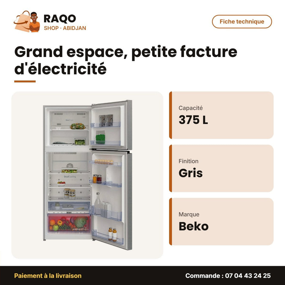 Réfrigérateur Beko – 375L NET(277L Net+ 98L Net) – Neo Frost – Gris | RDNT401E30ZXBN