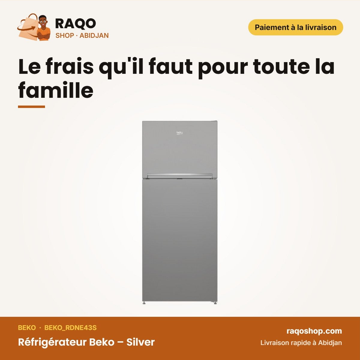 Réfrigérateur Beko – Silver – 314L Net (241L RÉFRIGÉRATEUR+73L Cong) – No Frost | BEKO_RDNE43S