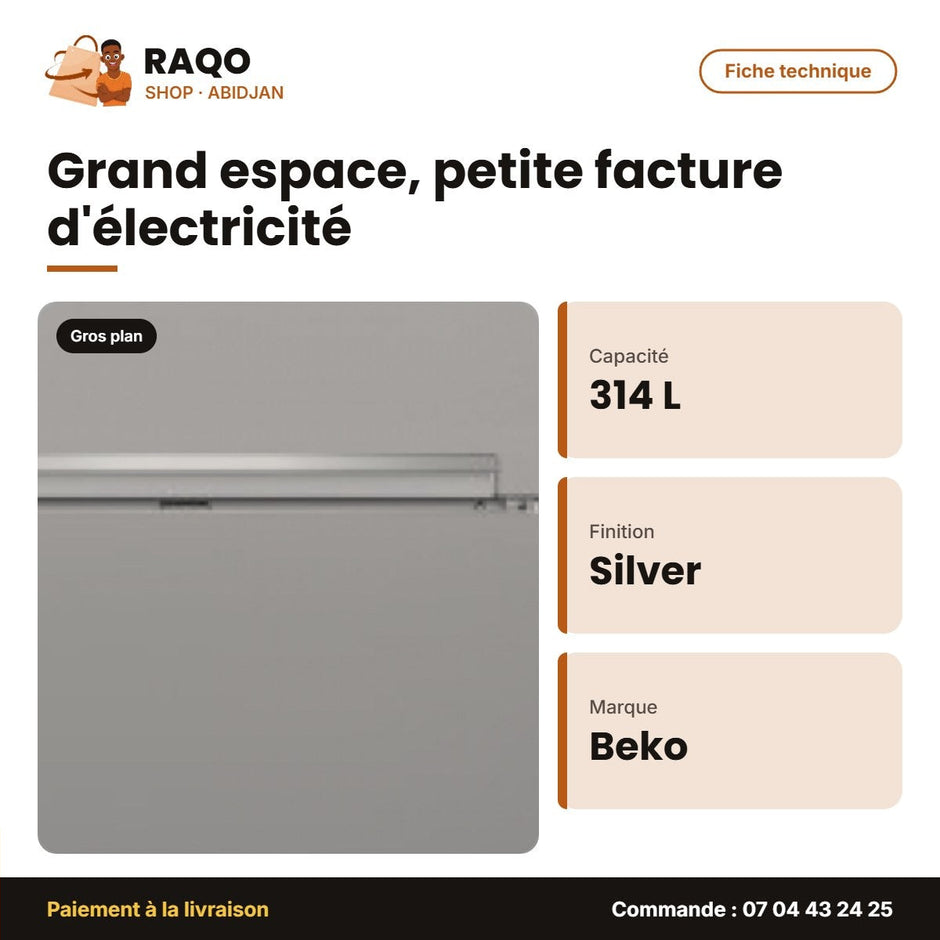 Réfrigérateur Beko – Silver – 314L Net (241L RÉFRIGÉRATEUR+73L Cong) – No Frost | BEKO_RDNE43S