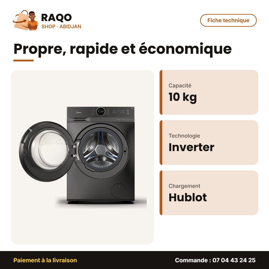 Machine à Laver Midea Front Load – LAVAGE10KG-SÉCHAGE7KG – Inverter – Titanium | MF200D100WB/T