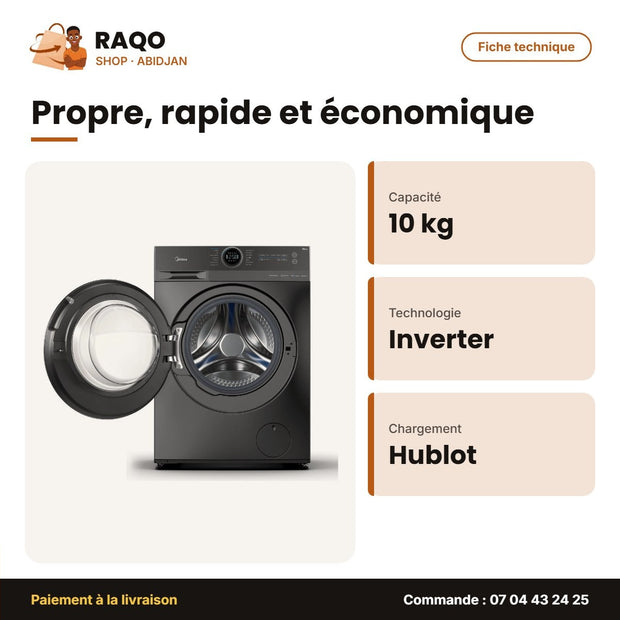 Machine à Laver Midea Front Load – LAVAGE10KG-SÉCHAGE7KG – Inverter – Titanium | MF200D100WB/T