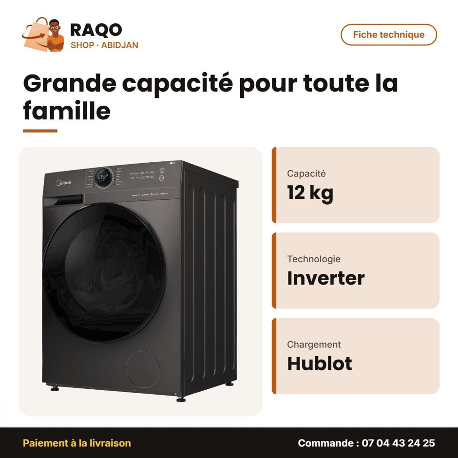 Machine à Laver 12kg Midea Front Load – Inverter Quatro – Healthguard | MF200W120WB/T