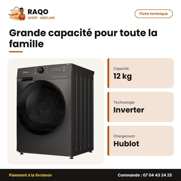 Machine à Laver 12kg Midea Front Load – Inverter Quatro – Healthguard | MF200W120WB/T