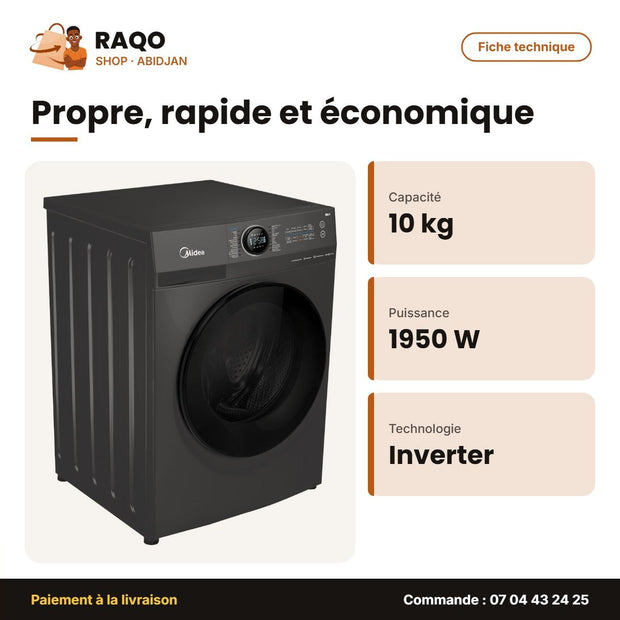 Machine à Laver 10kg Midea Front Load – Inverter Quatro – Healthguard – 1950W | MF200W100WB/T