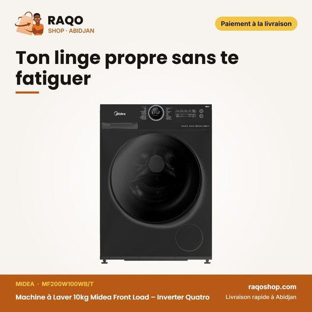 Machine à Laver 10kg Midea Front Load – Inverter Quatro – Healthguard – 1950W | MF200W100WB/T