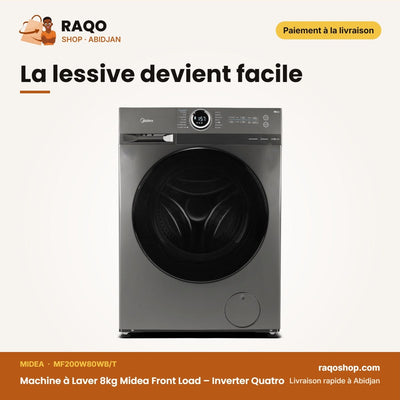 Machine à Laver 8kg Midea Front Load – Inverter Quatro – Healthguard – Titanium | MF200W80WB/T