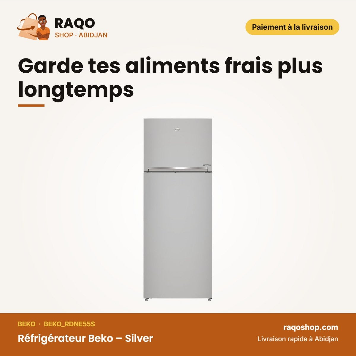 Réfrigérateur Beko – Silver – 389L Net ( 296L RÉFRIGÉRATEUR+93L Cong) – R-600A | BEKO_RDNE55S