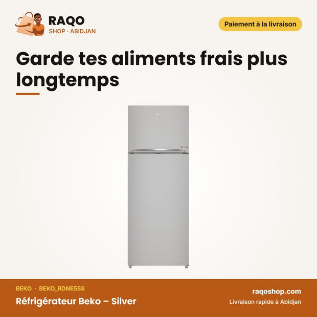 Réfrigérateur Beko – Silver – 389L Net ( 296L RÉFRIGÉRATEUR+93L Cong) – R-600A | BEKO_RDNE55S