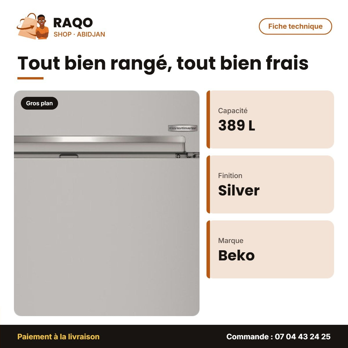Réfrigérateur Beko – Silver – 389L Net ( 296L RÉFRIGÉRATEUR+93L Cong) – R-600A | BEKO_RDNE55S