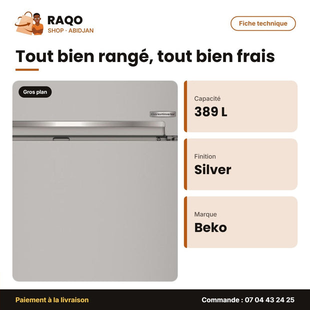 Réfrigérateur Beko – Silver – 389L Net ( 296L RÉFRIGÉRATEUR+93L Cong) – R-600A | BEKO_RDNE55S