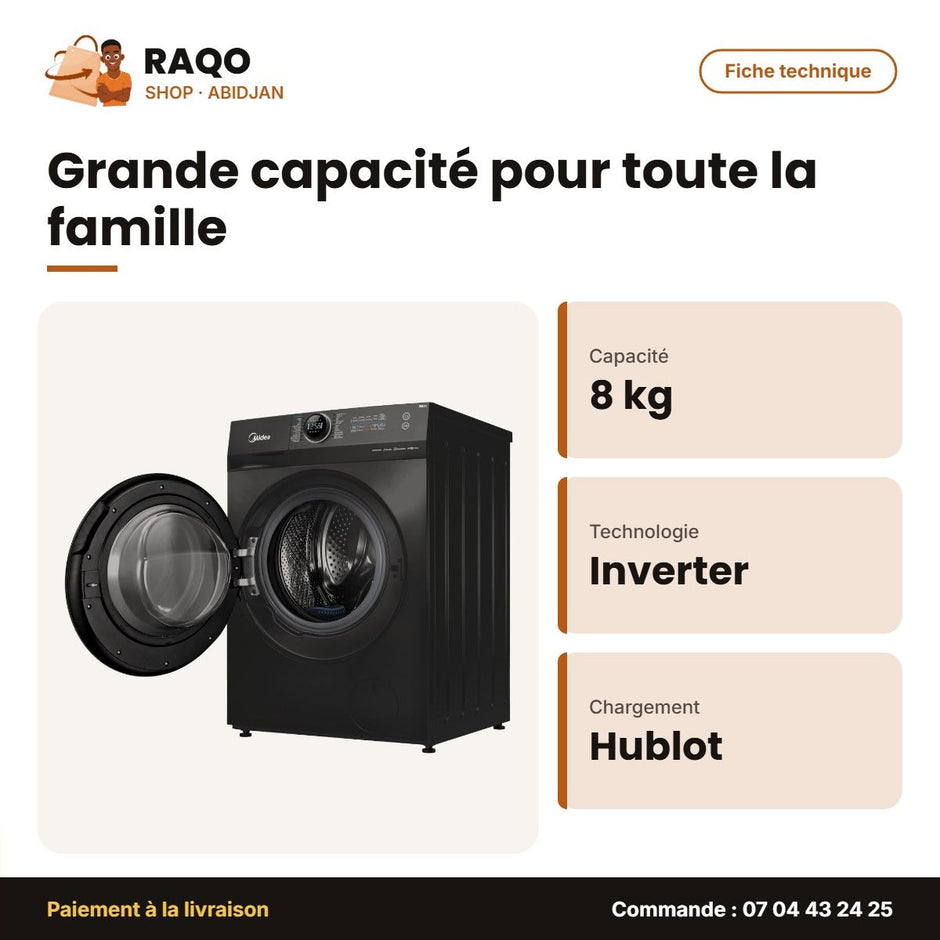 Machine à Laver 8kg Midea Front Load – Inverter Quatro – Healthguard – Titanium | MF200W80WB/T