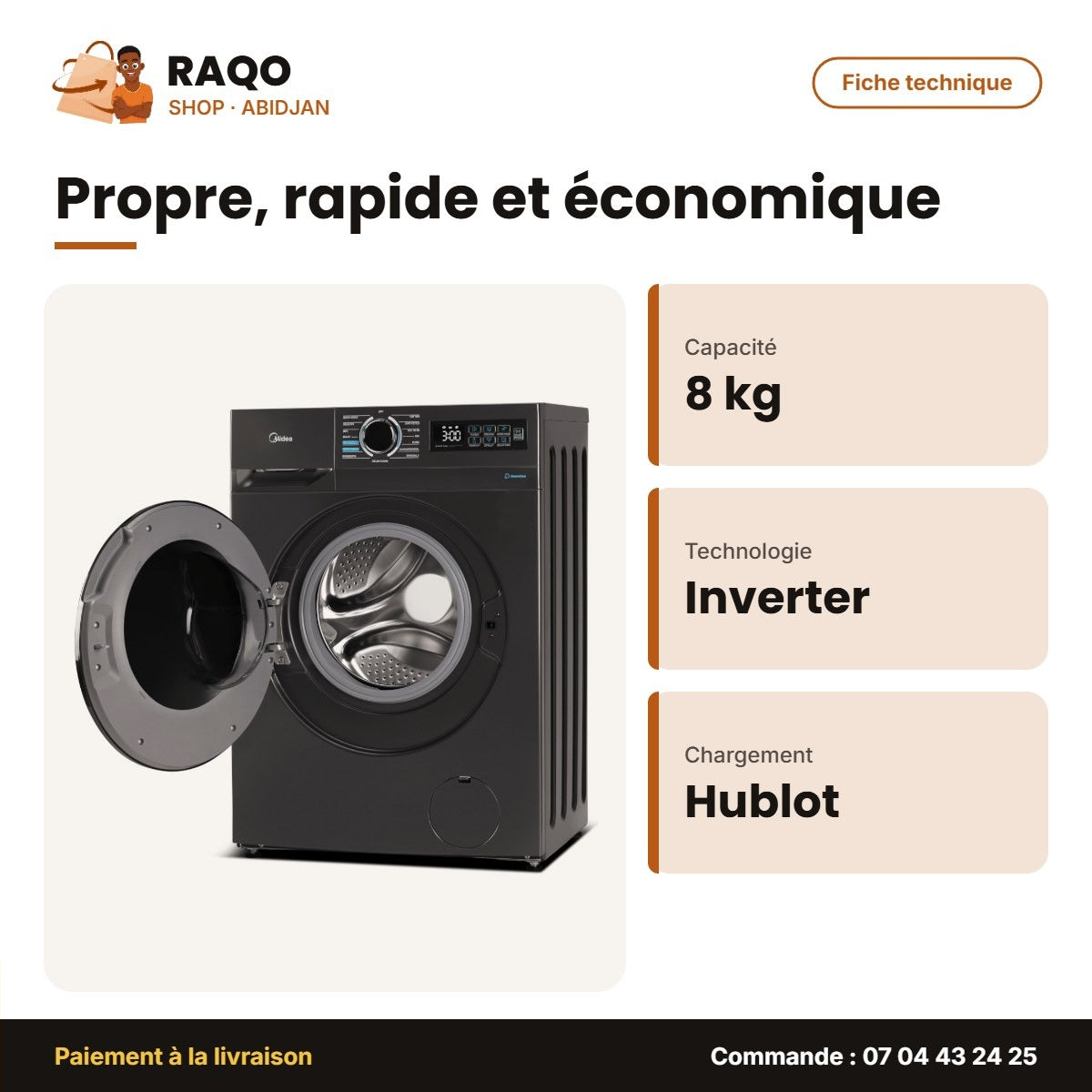 Machine à Laver 8kg Midea Front Load – Inverter – Healthguard – 1400RPM | MF110W80B/T