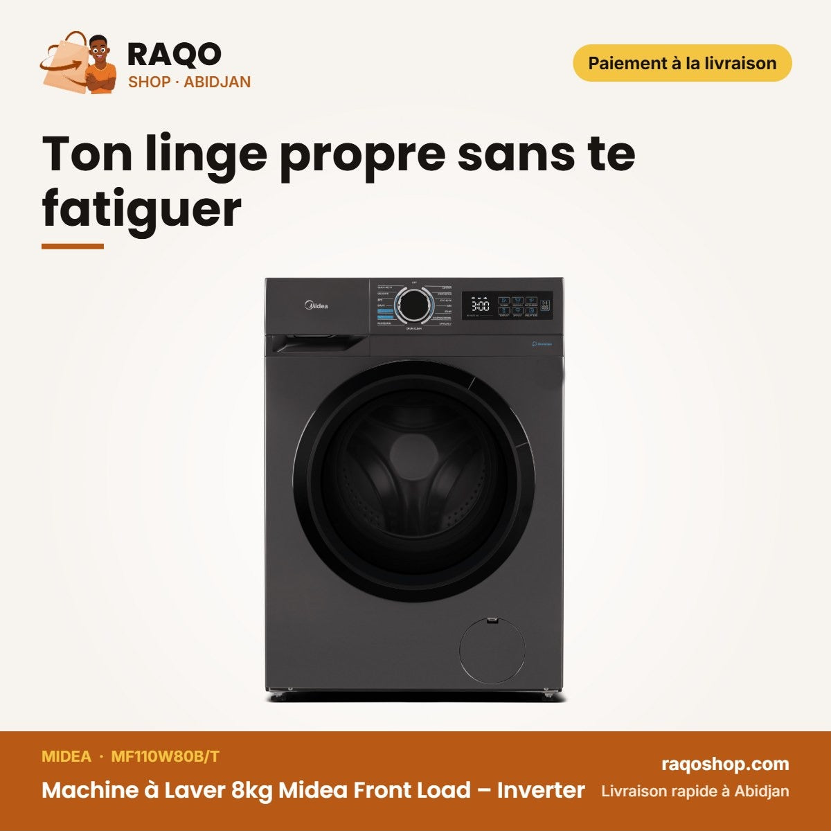 Machine à Laver 8kg Midea Front Load – Inverter – Healthguard – 1400RPM | MF110W80B/T