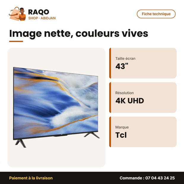 TV D'hotel 43" TCL – Google TV – 4K HDR – Aipq Processor | 43G60K-IU