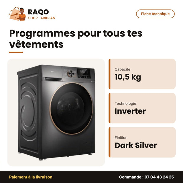 Machine à Laver 10.5KG+SECHAG 7kg TCL – Inverter – Direct Drive Motor – Dark Silver | C2110WDG