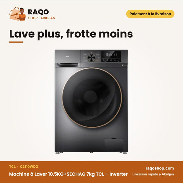 Machine à Laver 10.5KG+SECHAG 7kg TCL – Inverter – Direct Drive Motor – Dark Silver | C2110WDG