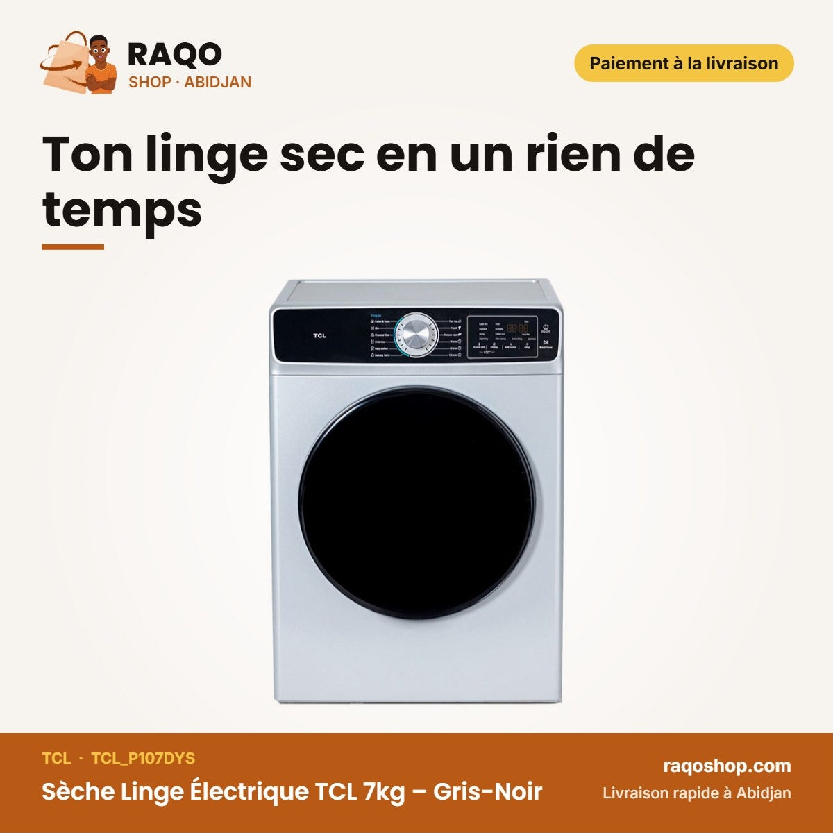 Sèche Linge Électrique TCL 7kg – Gris-Noir | TCL_P107DYS
