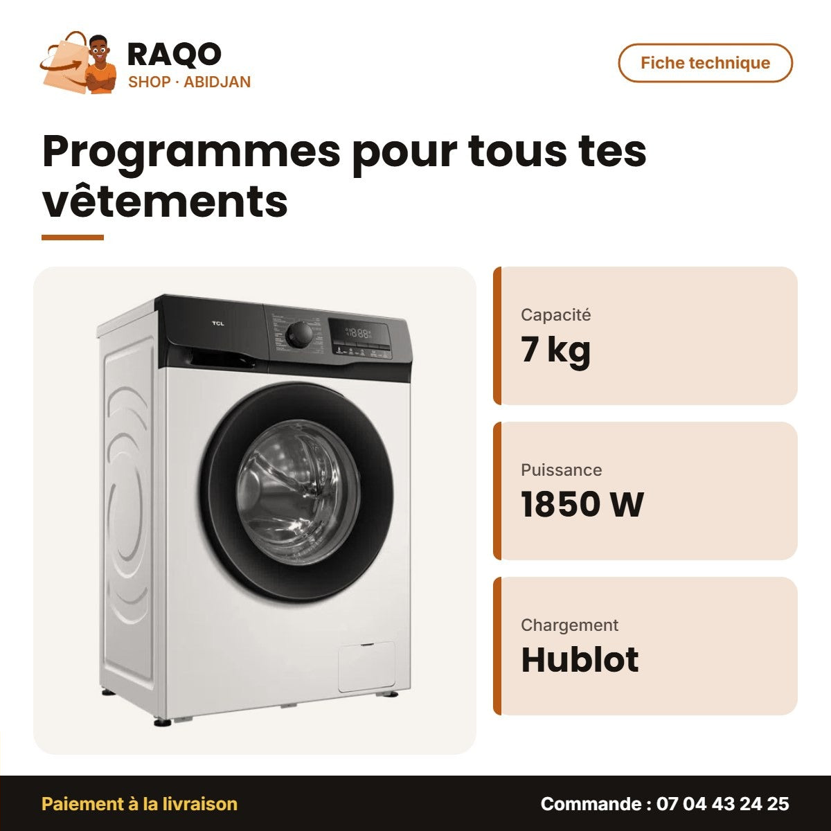 Machine à Laver 7kg TCL – Front Load – Gris Fonce – 1850W | P607FL