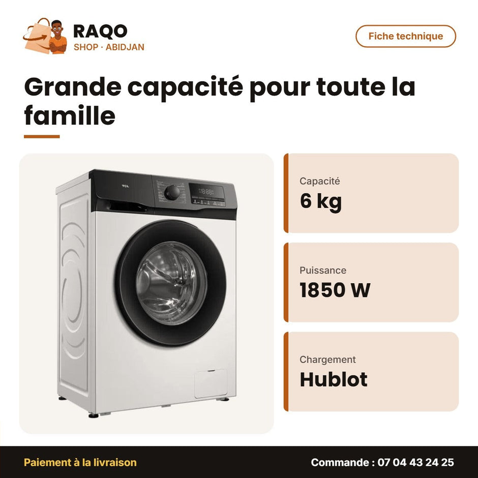 Machine à Laver 6kg TCL – Front Load – Gris Fonce – 1850W | P606FL