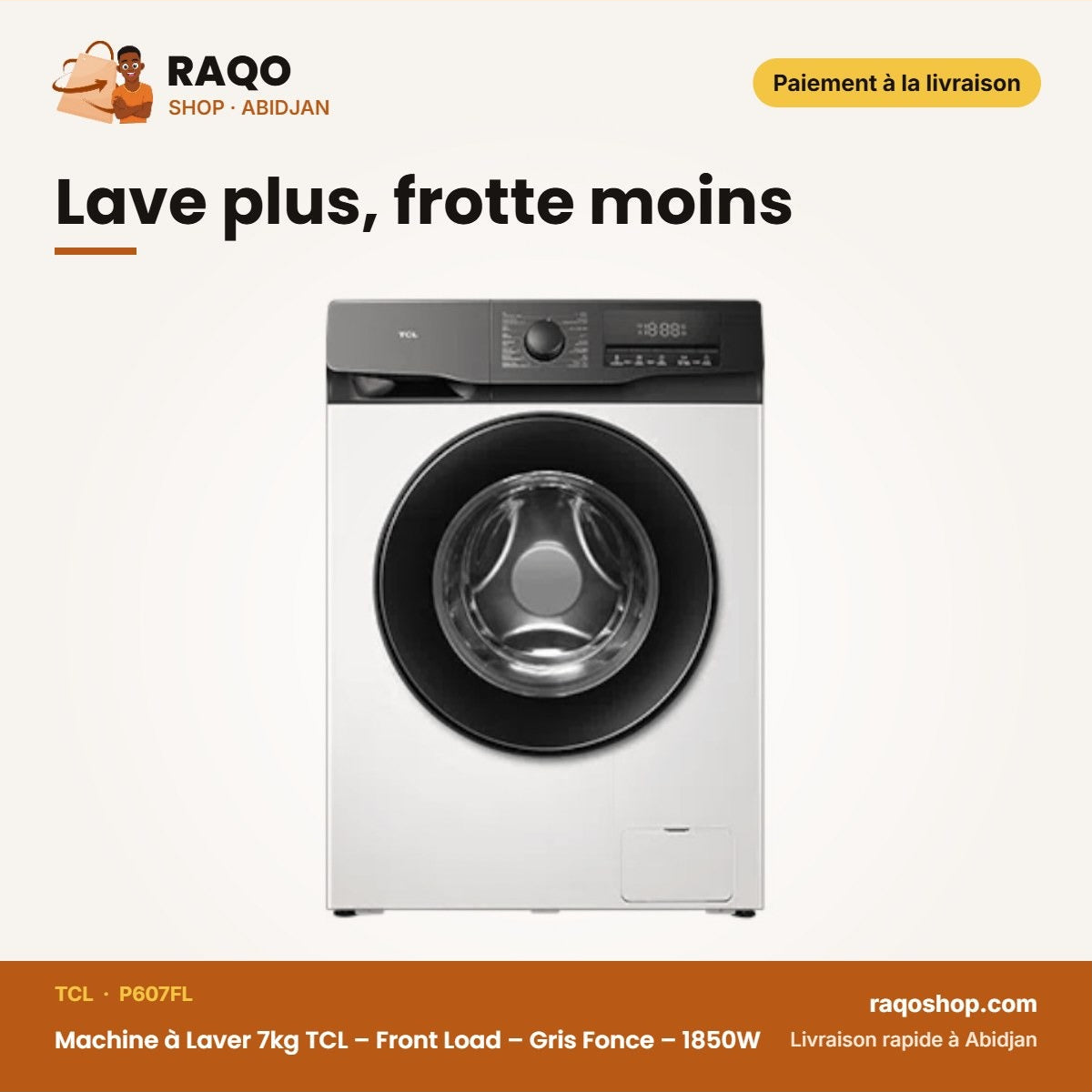 Machine à Laver 7kg TCL – Front Load – Gris Fonce – 1850W | P607FL