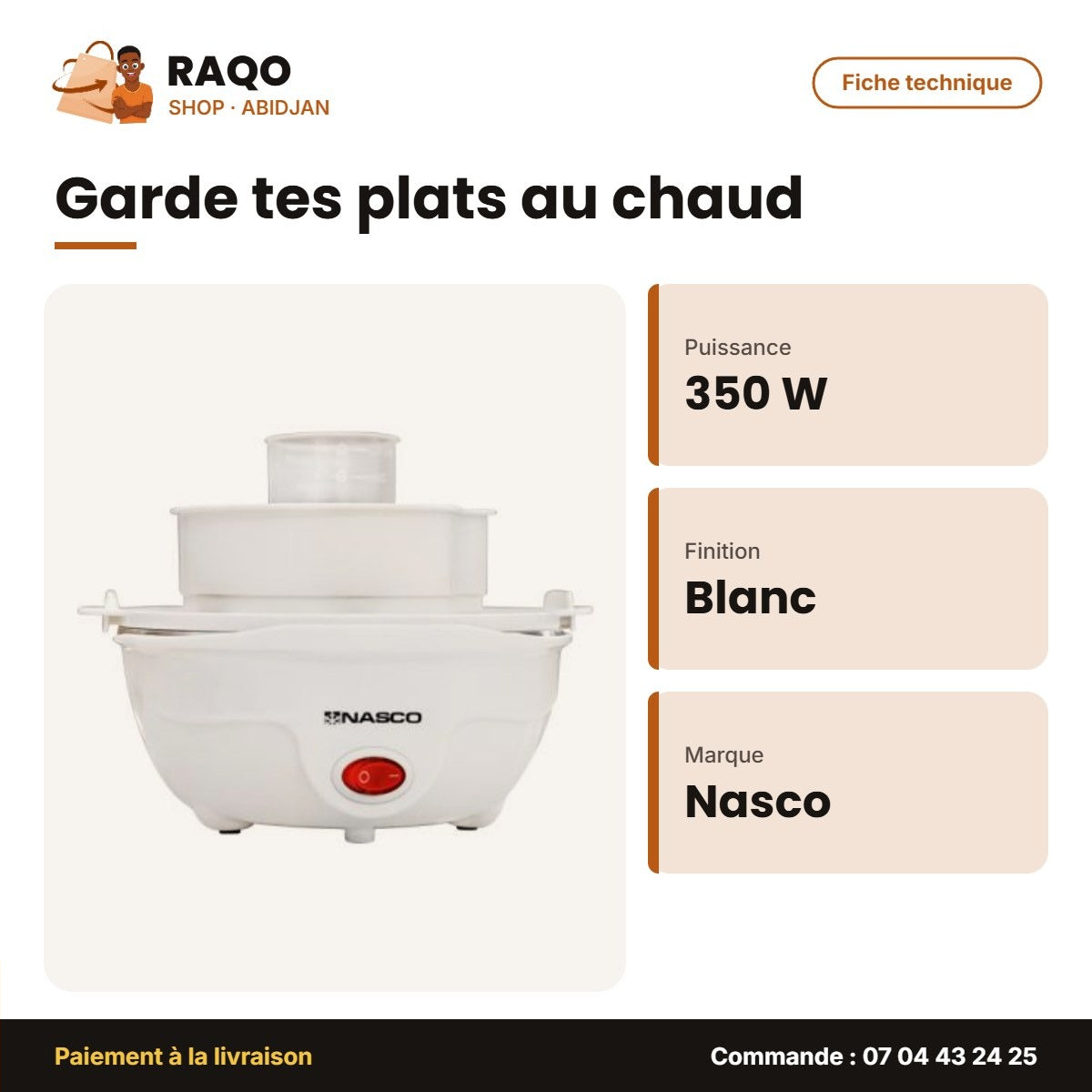 Cuiseur à Oeuf Nasco 350W – CONTRÔLE7OEUFS – Plastic Body – Blanc | EB2042A-GS