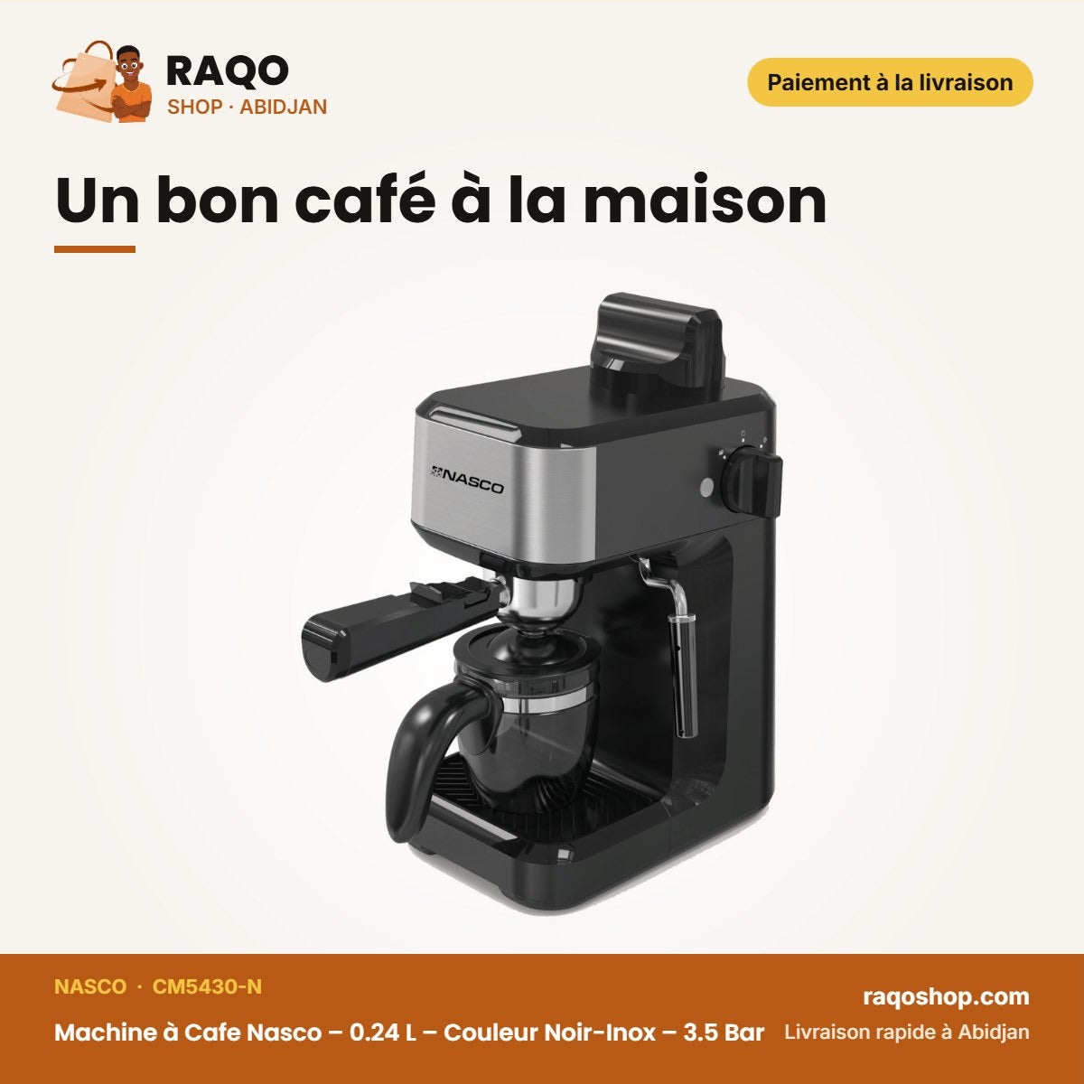 Machine à Cafe Nasco – 0.24 L – Couleur Noir-Inox – 3.5 Bar | CM5430-N