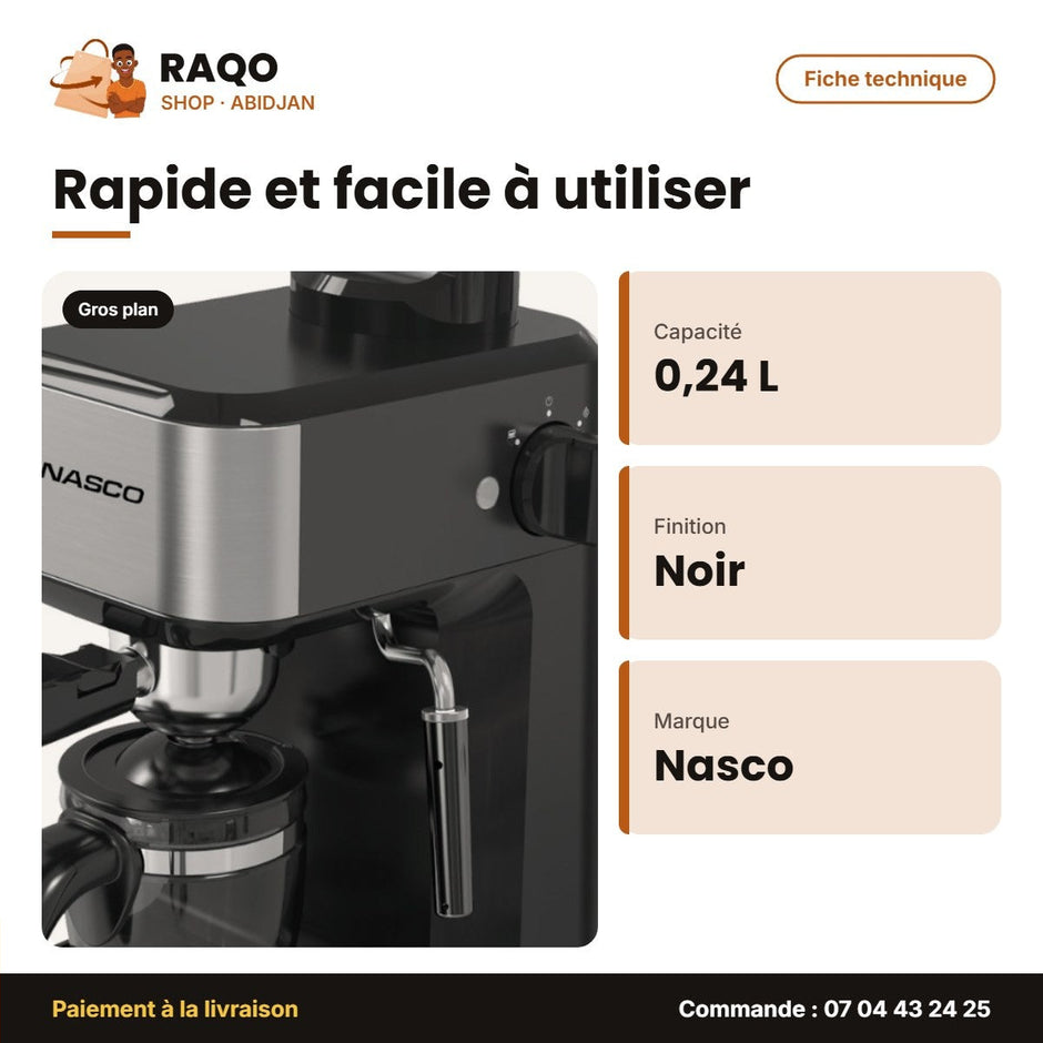 Machine à Cafe Nasco – 0.24 L – Couleur Noir-Inox – 3.5 Bar | CM5430-N