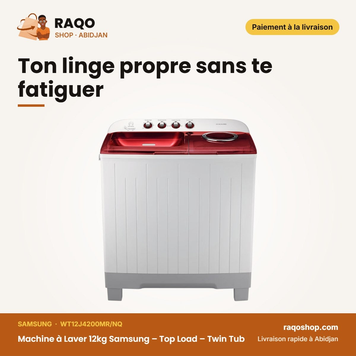 Machine à Laver 12kg Samsung – Top Load – Twin Tub – Gris Clair-Rouge | WT12J4200MR/NQ