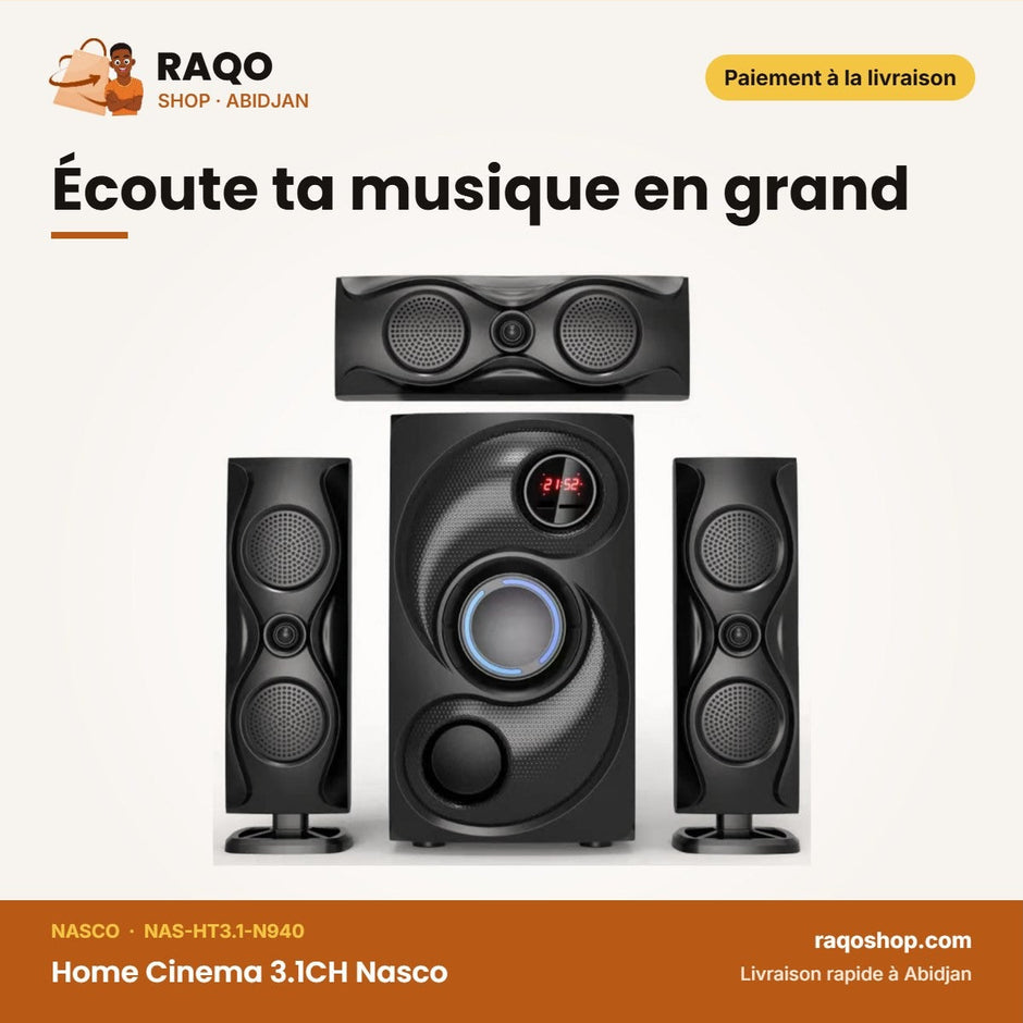 Home Cinema 3.1CH Nasco – 45W Caisson de BASSE+15WX3HAUT-PARL. – Telec | NAS-HT3.1-N940