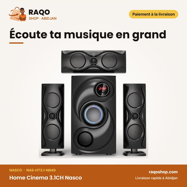 Home Cinema 3.1CH Nasco – 45W Caisson de BASSE+15WX3HAUT-PARL. – Telec | NAS-HT3.1-N940