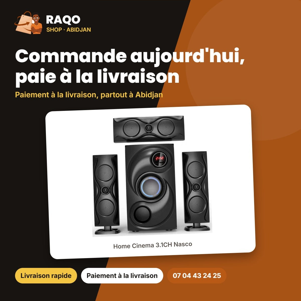 Home Cinema 3.1CH Nasco – 45W Caisson de BASSE+15WX3HAUT-PARL. – Telec | NAS-HT3.1-N940