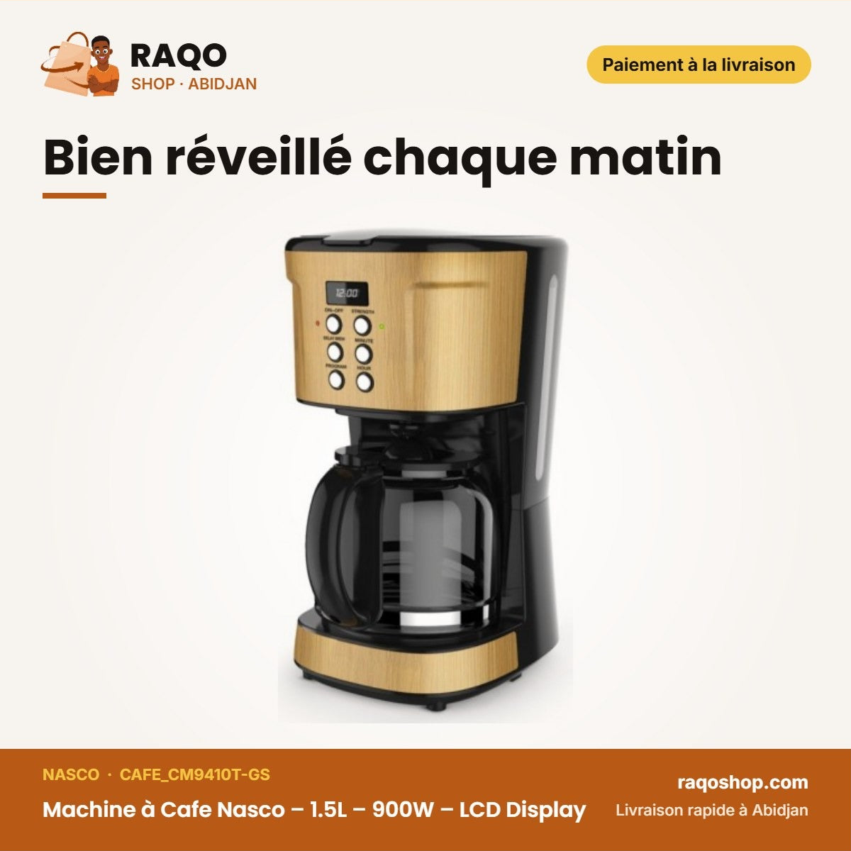Machine à Cafe Nasco – 1.5L – 900W – LCD Display | CAFE_CM9410T-GS