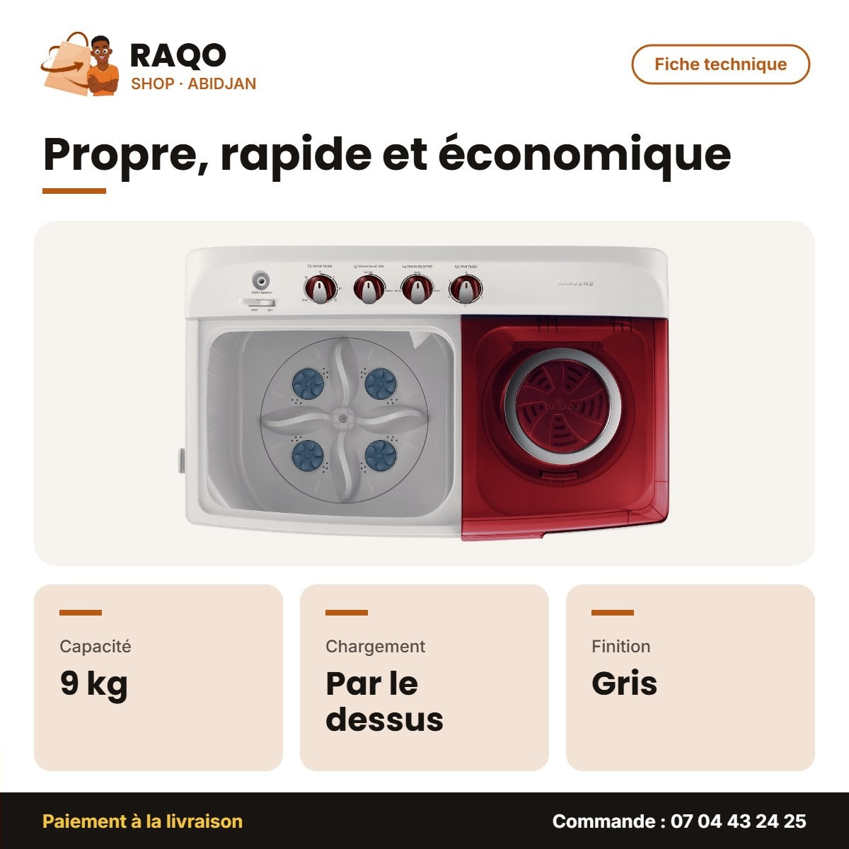 Machine à Laver 9kg Samsung – Top Load – Twin Tub – Gris Clair-Rouge | WT90H3230MG/NQ