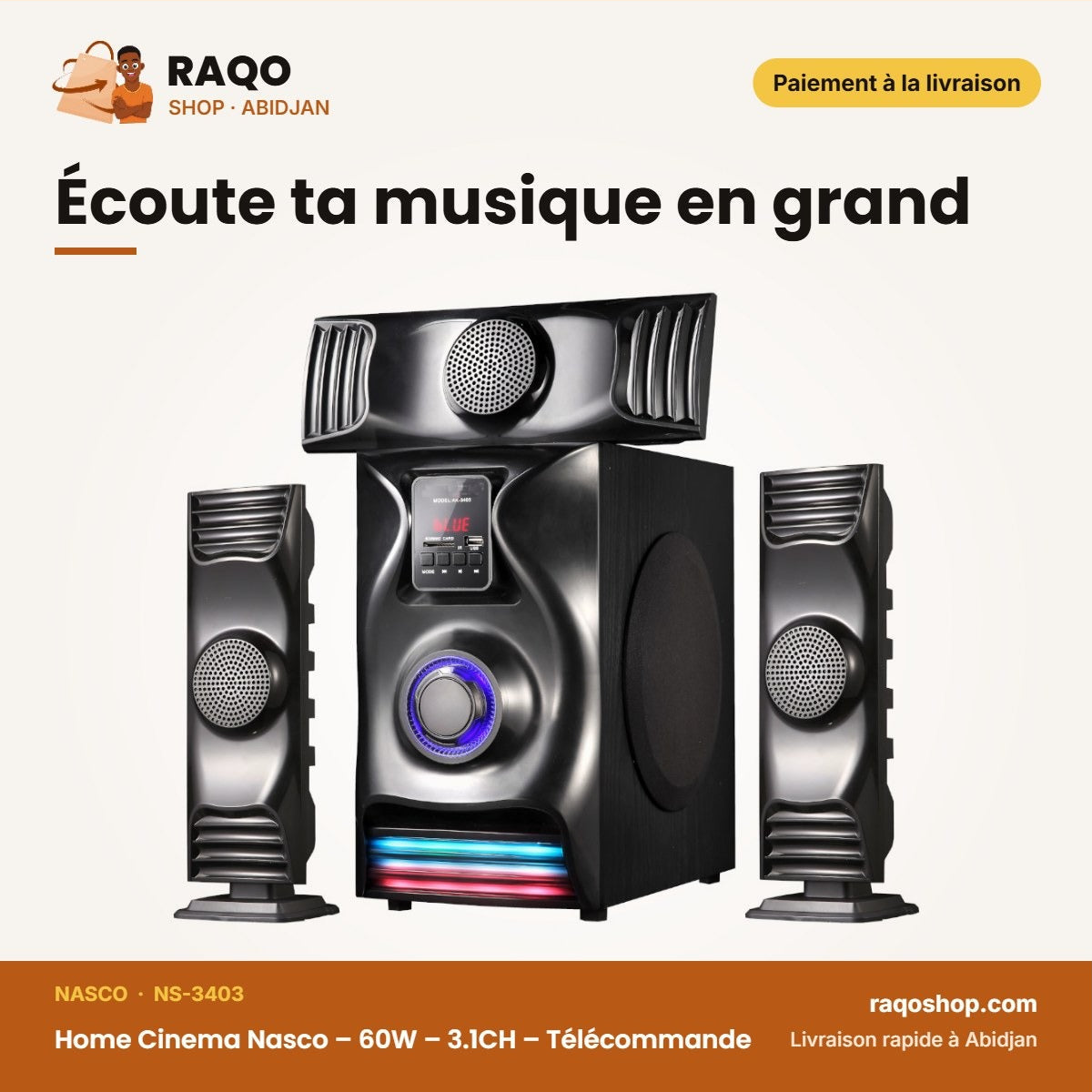 Home Cinema Nasco – 60W – 3.1CH – Télécommande | NS-3403