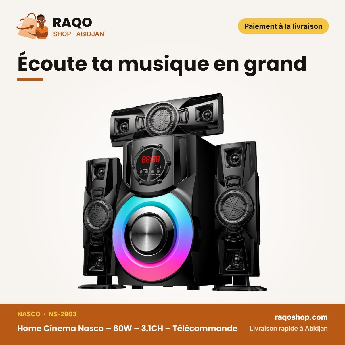 Home Cinema Nasco – 60W – 3.1CH – Télécommande | NS-2903
