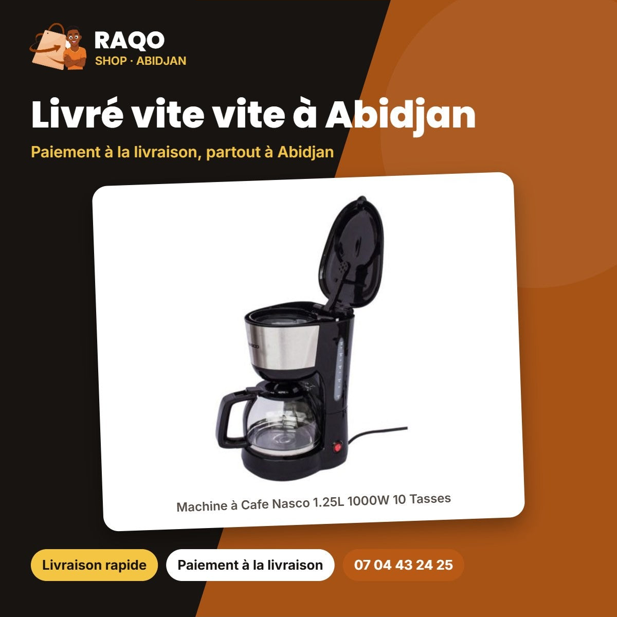 Machine à Cafe Nasco 1.25L 1000W 10 Tasses – Cafetière en Verre – 6 – Ctn | CAFE_CM4313A-CB