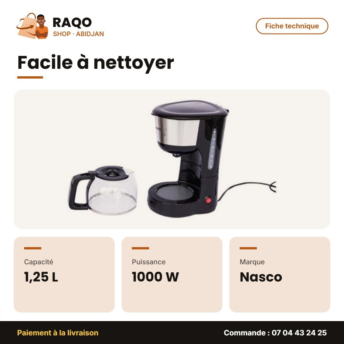 Machine à Cafe Nasco 1.25L 1000W 10 Tasses – Cafetière en Verre – 6 – Ctn | CAFE_CM4313A-CB