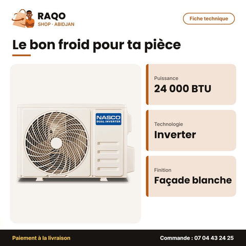 Split 24000 BTU Nasco – Dual Inverter – Façade Blanche – Elimination des Bacteri | NAS-T24V1