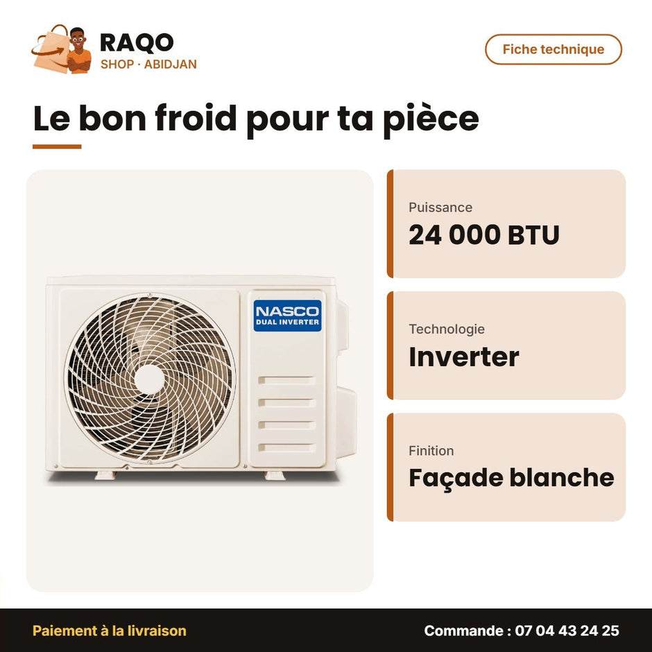 Split 24000 BTU Nasco – Dual Inverter – Façade Blanche – Elimination des Bacteri | NAS-T24V1