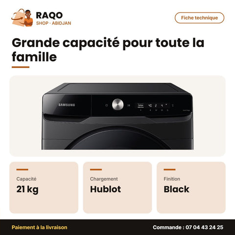 Machine à Laver 21kg Samsung – Front Load – Black – Séchage 12kg | WD21T6300GV/NQ