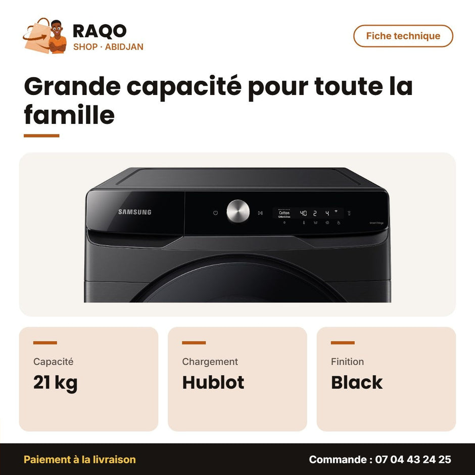 Machine à Laver 21kg Samsung – Front Load – Black – Séchage 12kg | WD21T6300GV/NQ