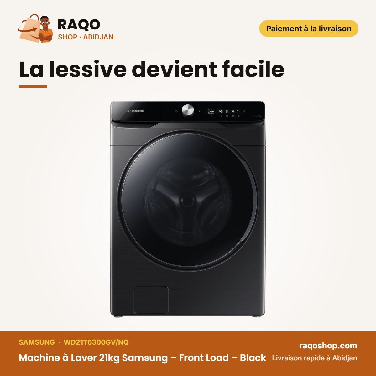 Machine à Laver 21kg Samsung – Front Load – Black – Séchage 12kg | WD21T6300GV/NQ