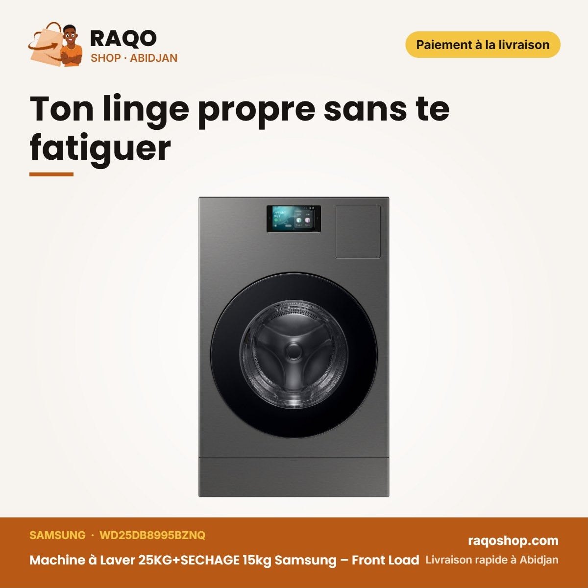 Machine à Laver 25KG+SECHAGE 15kg Samsung – Front Load – Dark Steel – Inverter | WD25DB8995BZNQ