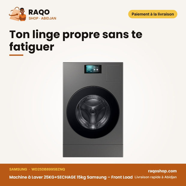 Machine à Laver 25KG+SECHAGE 15kg Samsung – Front Load – Dark Steel – Inverter | WD25DB8995BZNQ