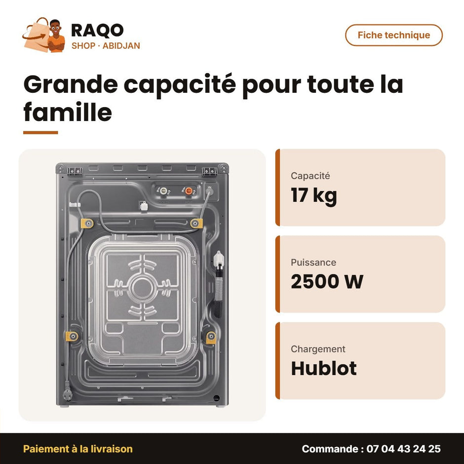 Machine à Laver 17kg + Séchage 10kg Samsung – Front Load – Inox – 2100-2500W | WD17T6300GP/SP